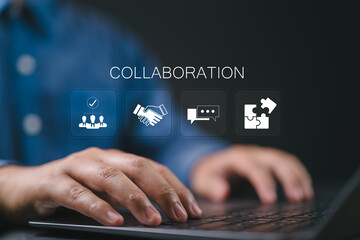 Naklejka premium Team collaboration concept, Person using laptop with collaboration icons on virtual screen. Teamwork, company, team business and team collaboration to grow business success