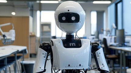 white humanoid robot standing in a modern office, showcasing advancements in technology and the future of work.