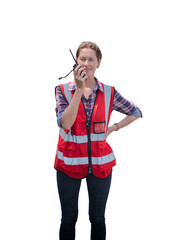 Woman engineer with red vest  walkie-talkie working on transparent background