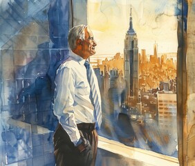 A watercolor painting of a business owner in a high-rise office looking out the window to relax.