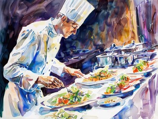 Watercolor painting of a chef paying attention to the food he prepares.