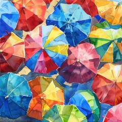 Watercolor painting of colorful umbrellas. Umbrella manufacturing industry
