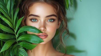 Beautiful Woman with Green Leaves   Natural Beauty  Skincare  Spa  Fresh  Healthy Skin  Summer  Tropical  Relaxation  Beauty Portrait