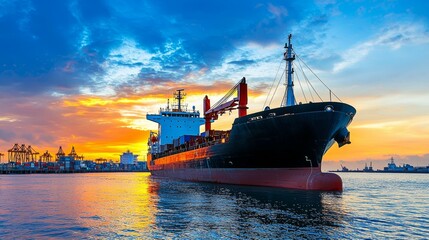 Fototapeta premium Cargo Ship at Sunset in a Harbor Landscape