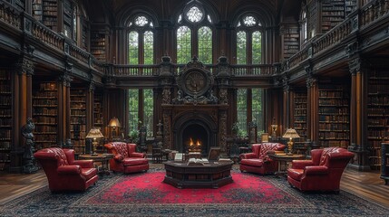 Fototapeta premium Grand Library Interior with Fireplace Bookcases and Red Armchairs