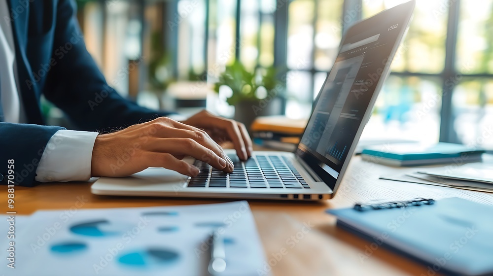 Poster close-up of manager typing on laptop with digital tools in modern office