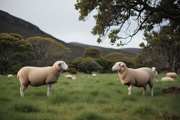 Fototapeta premium Harmonious Coexistence of Sheep in Nature's Embrace: A Unique Portrayal of Tranquil Naturalism
