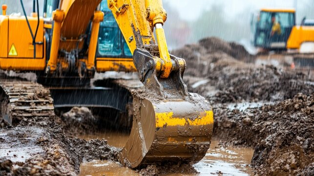 Excavator Working in Muddy Construction Site