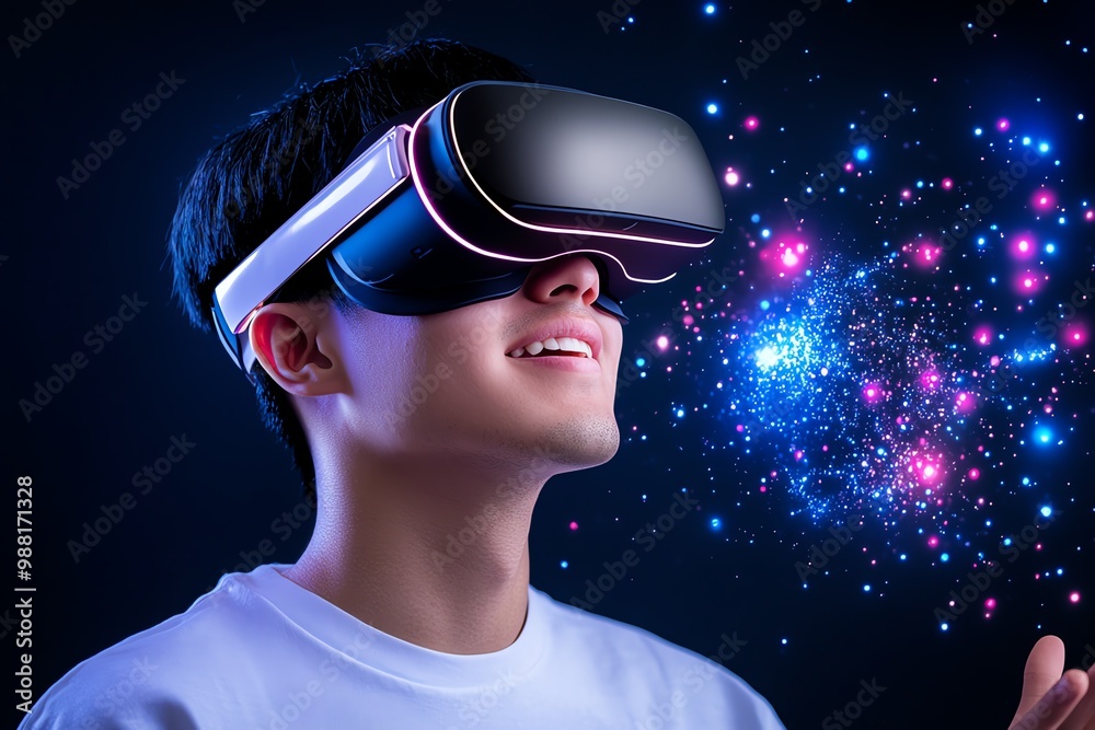 Poster a person using virtual reality (vr) goggles, fully immersed in a digital environment