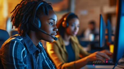 Young Black Woman in Headset Working on Computer Call Center Customer Service Tech Support Night Shift