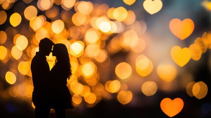 A romantic couple enjoys a tender kiss as heart-shaped bokeh lights create a warm, intimate atmosphere at dusk