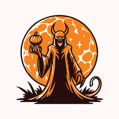 Devil Holding Pumpkin Lantern Halloween Celebration Vector Illustration