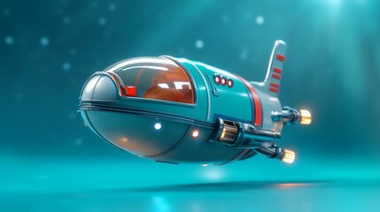 Fototapeta premium Futuristic Spaceship Flying Over Teal Background