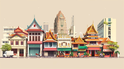 Obraz premium Illustration of historic buildings and temples mixed with modern shops along Yaowarat Road