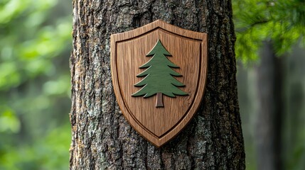 Fototapeta premium Wooden Shield Sign with Tree Design on Pine Tree Trunk