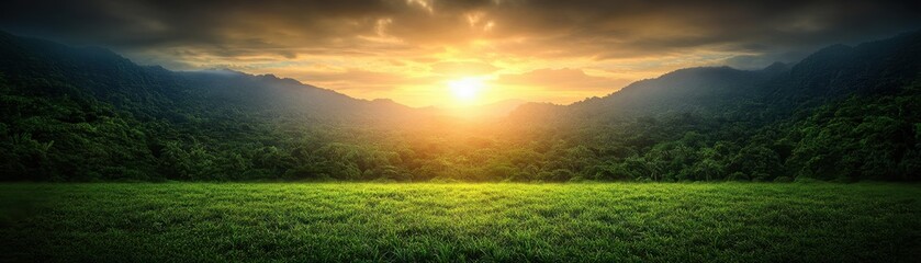 Naklejka premium Sunset over lush green mountains.