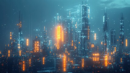 Illustration of a futuristic city where economic policy drives innovation, represented by digital blueprints and tech symbols. Virtual Reality Abstract Digital.