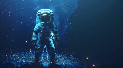 Fototapeta premium Astronaut in glowing spacesuit with reflective helmet dark blue background AI generated image
