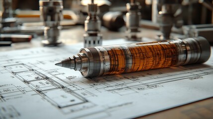 Industrial Design Blueprint with  Metallic  Object