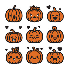 Cute Halloween Pumpkin Set Character Flat Vector
