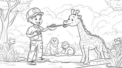 Naklejka premium Zookeeper Feeding a Giraffe with a Bowl of Food