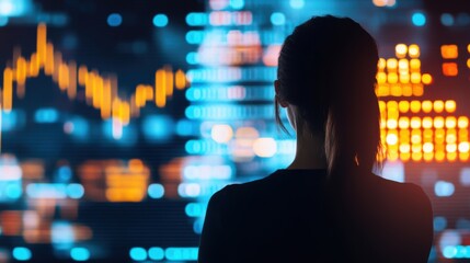 A woman stands silhouetted, deeply focused on colorful data visuals displayed on multiple digital screens in a contemporary office setting