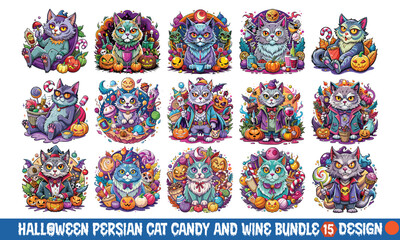 Fototapeta premium Halloween Persian Cat Candy and wine T-shirt Design with Candy, Wine, and White Background. Hand-drawn vector art, perfect for creating high-quality, detailed t-shirt prints.
