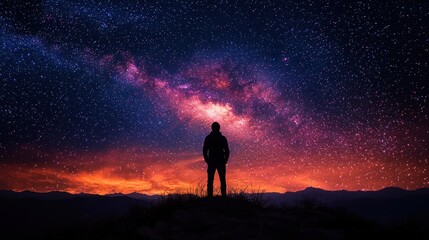 Fototapeta premium Silhouette of Man Gazing at Milky Way Galaxy over Mountain Range at Night