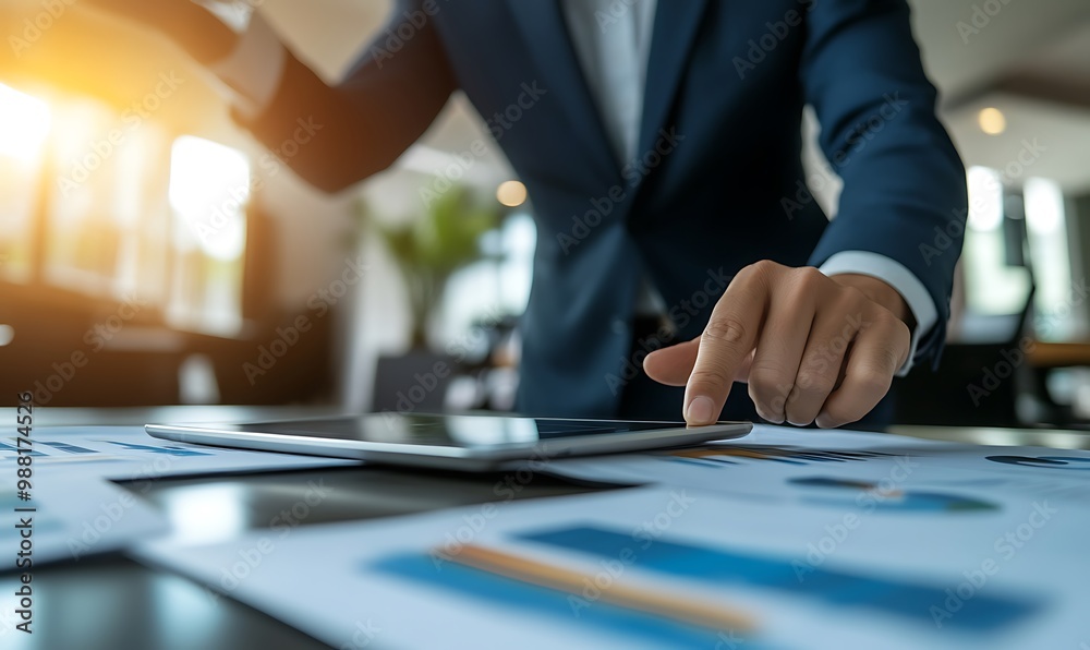 Aufkleber manager pointing at digital chart on tablet in professional office setting