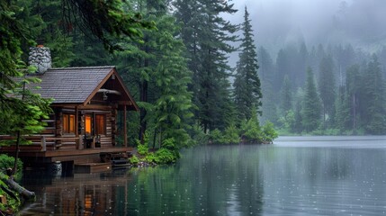 Fototapeta premium Cabin by the Lake in the Rain