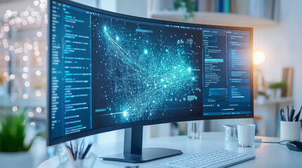 Fototapeta premium A sleek curved monitor displays website design in progress, showcasing intricate data visualizations and coding elements. modern workspace is bright and inviting, enhancing creativity