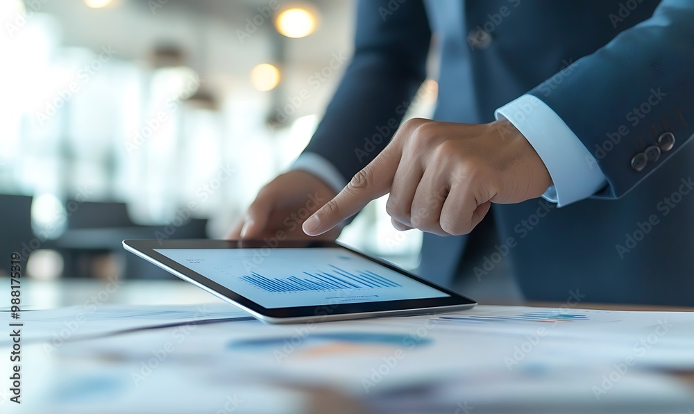 Poster Manager Pointing at Digital Chart on Tablet in Professional Office Setting