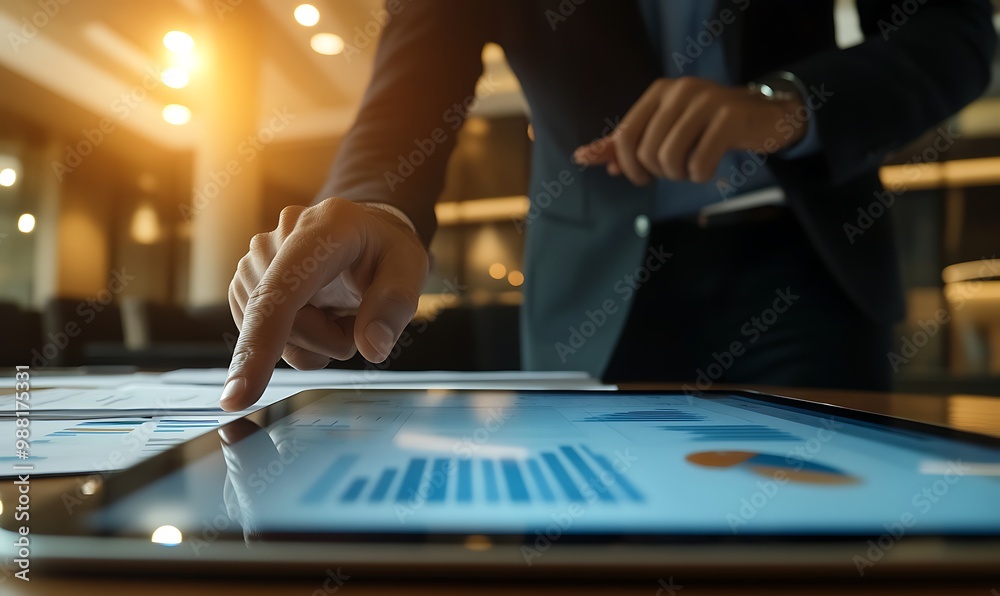 Poster manager pointing at digital chart on tablet in professional office setting