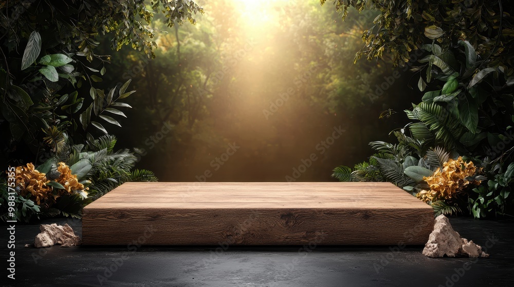 Wall mural wooden platform in lush jungle with sunlight