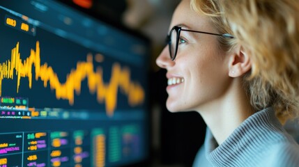 A young woman is focused on analyzing stock market data displayed on her computer, showing her enthusiasm for finance and trends