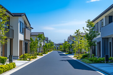Scenic view of a modern residential area in Japan, featuring luxury houses and greenery, with a clear blue sky