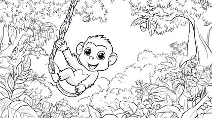 Playful Monkey Swings on a Vine in the Jungle