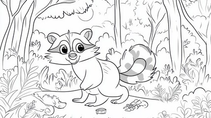 Raccoon in the Forest: A Black and White Illustration