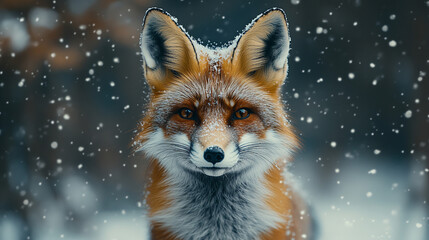 Obraz premium Red fox in snowfall, dark backdrop. Perfect for winterthemed designs, wildlife illustrations, Christmas cards, or naturerelated projects. Generative AI