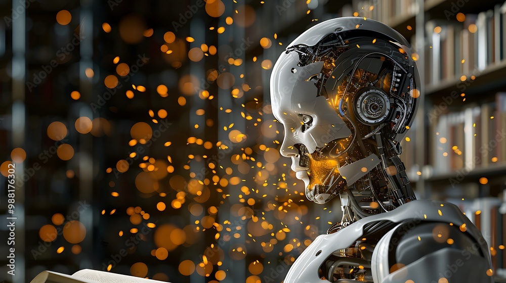 Poster robotic figure with exposed gears and mechanisms is engrossed in reading a book in a library setting