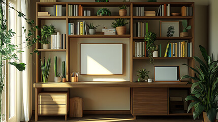 a modern brazilian home office with a wooden desk, bookcase filled with brazilian plants, a white blank photo frame on the shelf