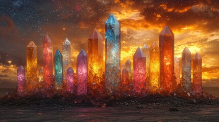 Crystal Cityscape at Sunset with Starry Sky