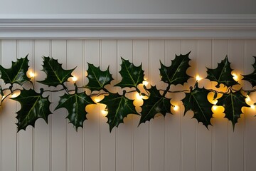 Fototapeta premium Elegant Winter Border with Holly Leaves and Twinkling Fairy Lights