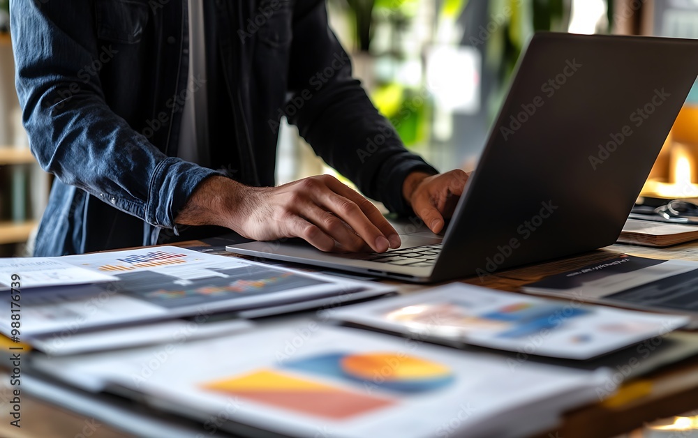 Poster manager adjusting digital presentation on laptop with reports in minimalist office