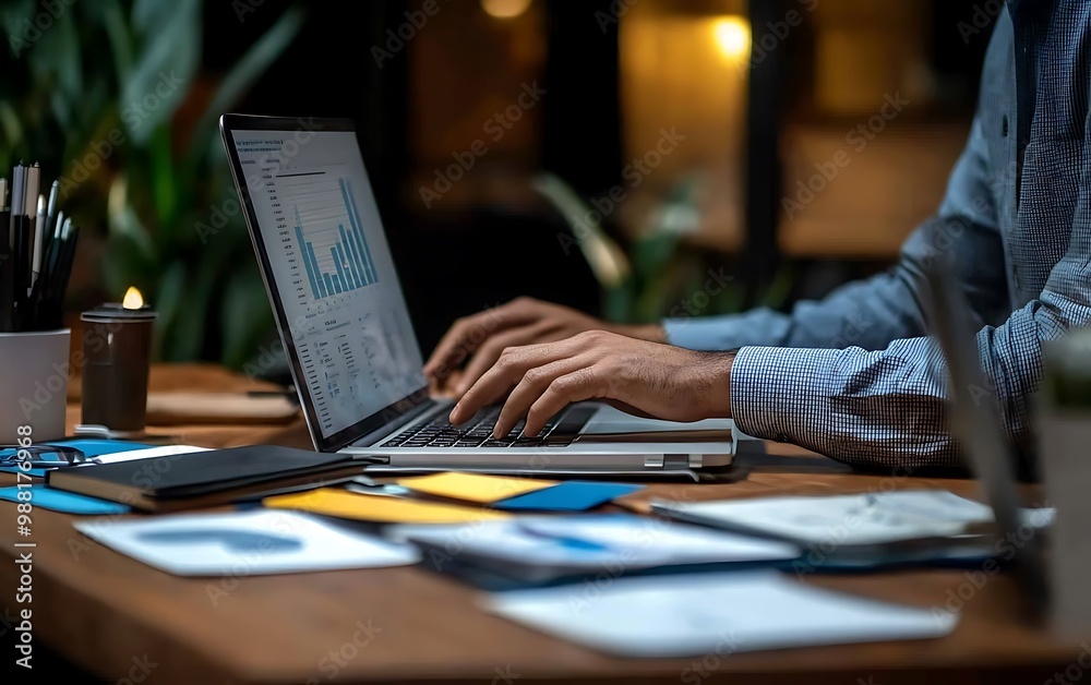 Poster manager adjusting digital presentation on laptop with reports in minimalist office
