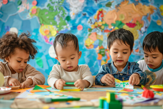  Diverse toddlers engaging in creative activities at global daycare programs