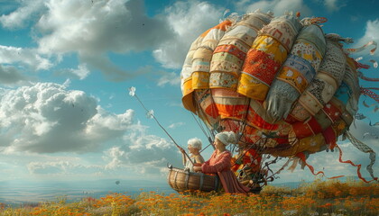 Obraz premium Two Women Flying in Patchwork Hot Air Balloon