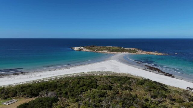 White sand beach of Diamond Island of Bicheno Tasmania, Australia, aerial shot