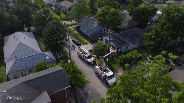 Aerial view around lineman working on getting power back after a storm in Houston