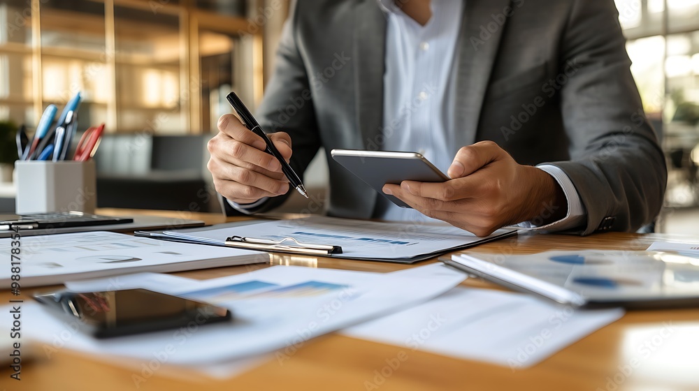 Poster manager reviewing documents and smartphone in modern office with digital tools